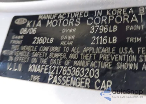 2006 Kia Spectra Ex/Lx/Sx from USA, damaged, VIN KNAFE121765363203